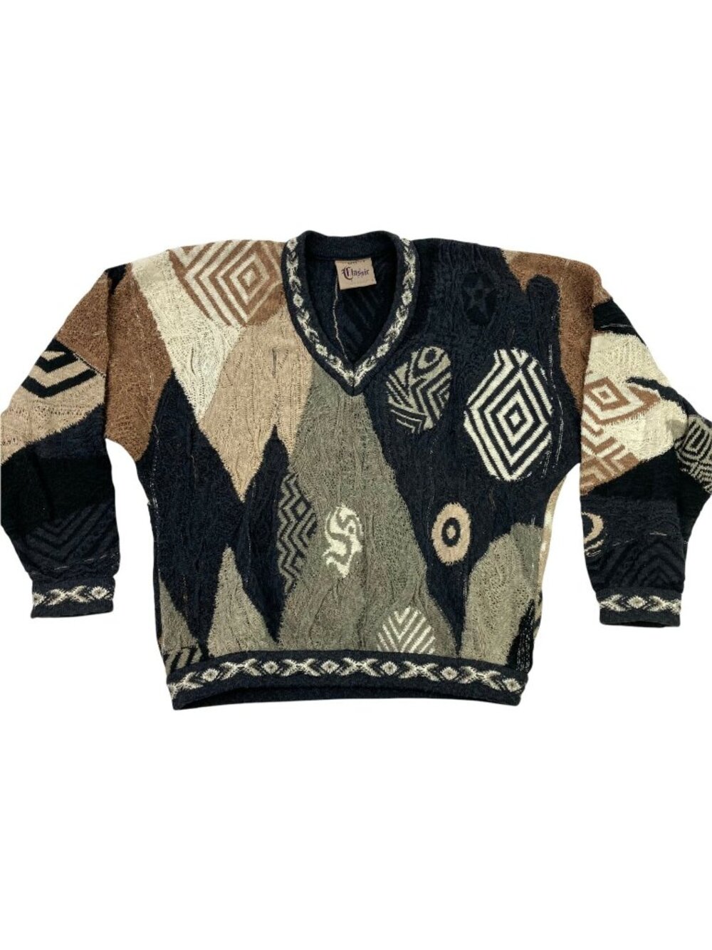 VTG Coogi Men's Linen Biggie Multicolor Knit Sweater Brown Gray Black • Small